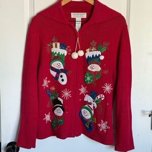 Vintage Tiara International Christmas Red Snowman Embroidered Cardigan Size XL